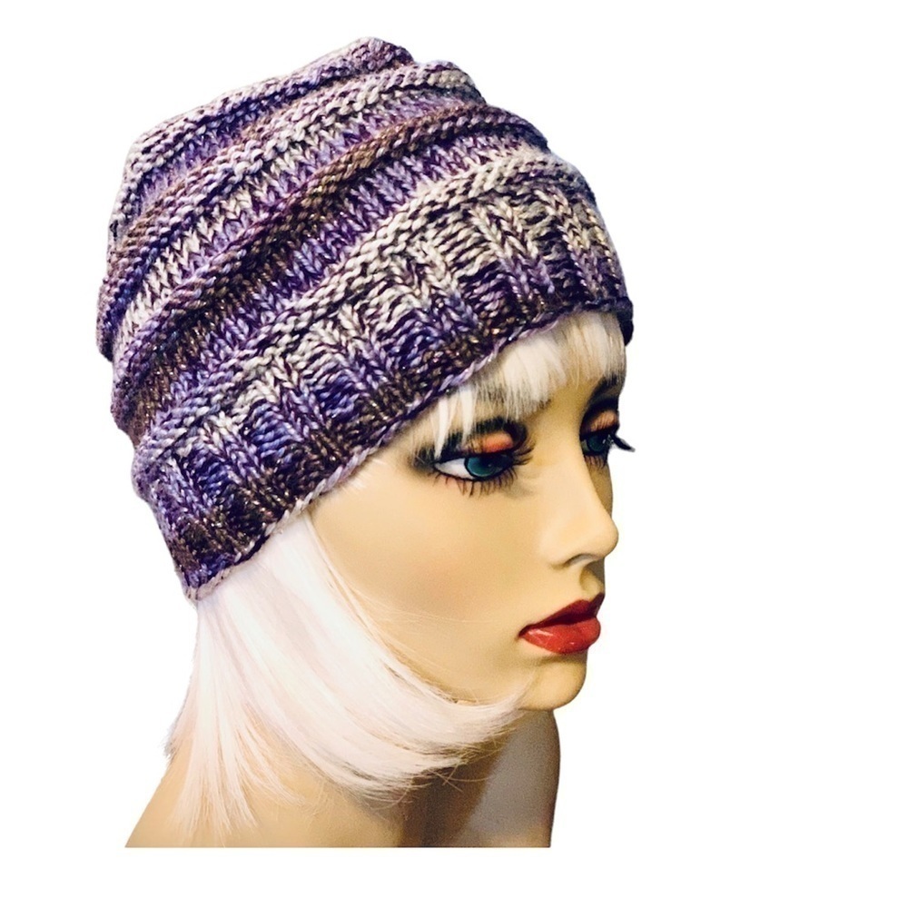 DOLCENNA Design Purple Metallic Ribbed Knit Beanie Hat Winter OS NWT Handmade